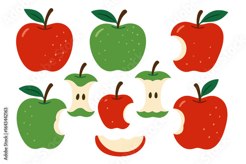 Vector set of red and green apples in modern flat style. Includes whole, bitten, sliced apples, and apple cores. Healthy organic food icon collection for fresh diet concepts.
