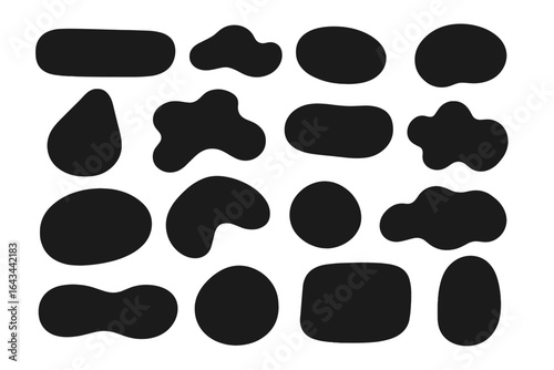 Collection of black organic shapes. Abstract liquid, amoeba-like fluid forms. Vector set of irregular blotches and smooth stone silhouettes. Modern minimalist design elements.