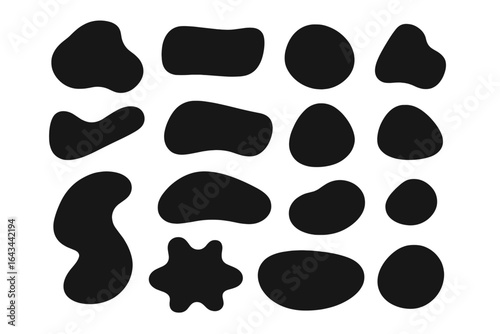 Set of organic irregular black shapes. Abstract vector blobs. Liquid spots and modern forms for minimalist design. Hand drawn inkblots collection on white background.