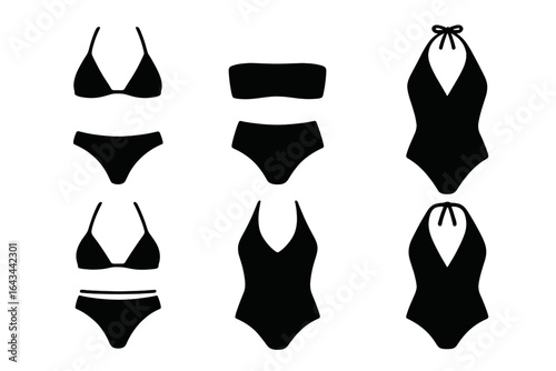 Swimsuit silhouette set. Bikini and one-piece swimwear collection. Triangle, bandeau, and halter styles. Summer beachwear fashion apparel for women. Vector icon illustration isolated.
