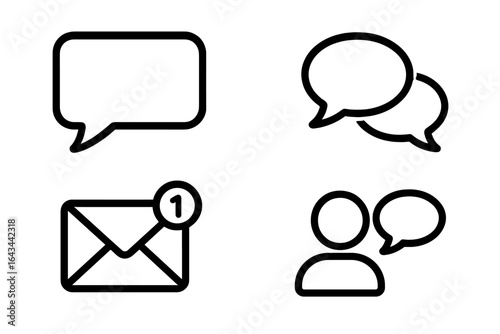 Communication icon set vector. Speech bubble, chat, message, and new email notification icons. UI UX design elements for web and mobile apps. Social media interface symbol.