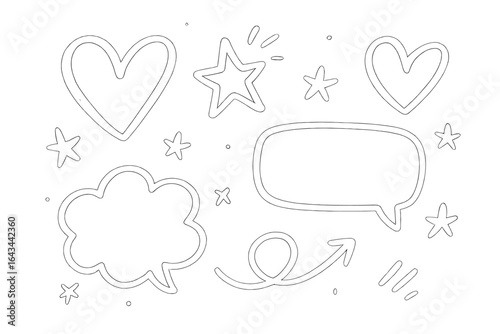 Hand-drawn doodle elements set. Vector sketch illustration collection with cute comic icons. Love hearts, stars, speech and thought bubbles for chat. Arrow and decoration.
