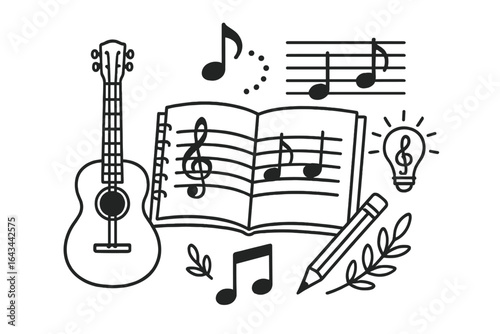 Music composition and songwriting concept. Guitar, music notebook with notes and treble clef. Creative idea, inspiration symbol. Music education, lesson, learning vector icon.