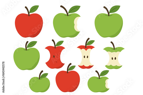 Red and green apple vector set. Whole fruit, bitten apple, and core icons. Flat cartoon style illustration for diet, nutrition, or organic food concepts. Isolated elements.