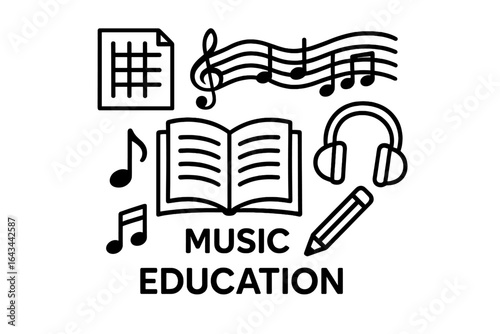 Music education and composing vector icon set. For music school, online courses, lessons. Concepts of theory, learning, songwriting. Line art on transparent background.
