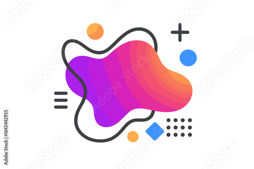 Modern abstract liquid gradient shape with geometric elements. Dynamic fluid amoeba form for web design, banners, presentations. Memphis style vector background composition.