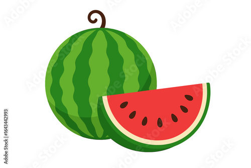 Watermelon vector illustration, whole and sliced fruit. Fresh, ripe, and juicy summer food concept for healthy eating, diet, or picnic graphics. Sweet melon icon isolated.