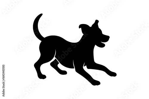 Playful dog silhouette vector illustration. Happy puppy running and jumping in a dynamic pose. Energetic pet icon for logo design. Simple black canine graphic on a transparent background.