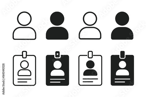 Set of user profile icons and ID card badge symbols. Vector illustration for account, login, employee identification, and security access. Line and glyph pictogram set.