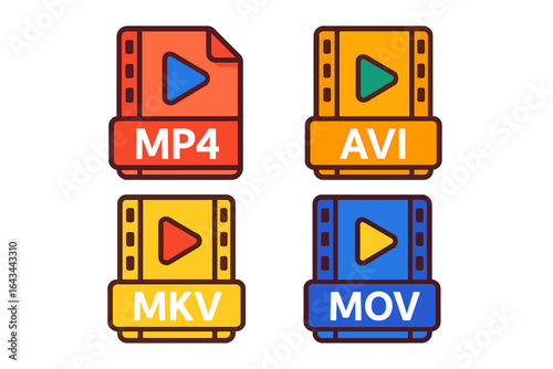 Colorful Video File Format Icons Set with MP4, AVI, MKV, MOV Symbols, Multimedia Player Buttons, Digital Media, Vector Illustration on Transparent Background