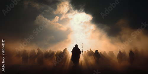 A shepherd walks with his sheep late at day in the dust of the wilderness, background story from bible, 