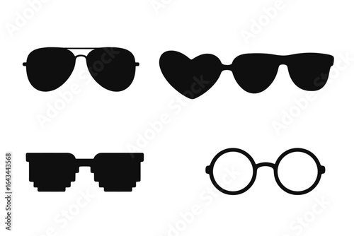 Sunglasses vector set. Eyewear silhouettes collection. Aviator, heart shape, wayfarer, pixelated 8 bit and round retro glasses. Summer fashion accessory. Party photo booth props.