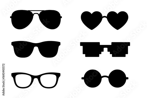 Sunglasses vector set. Collection of different glasses types. Fashion accessory icons. Retro and modern eyewear silhouette. Includes aviator, heart, wayfarer, and pixelated.