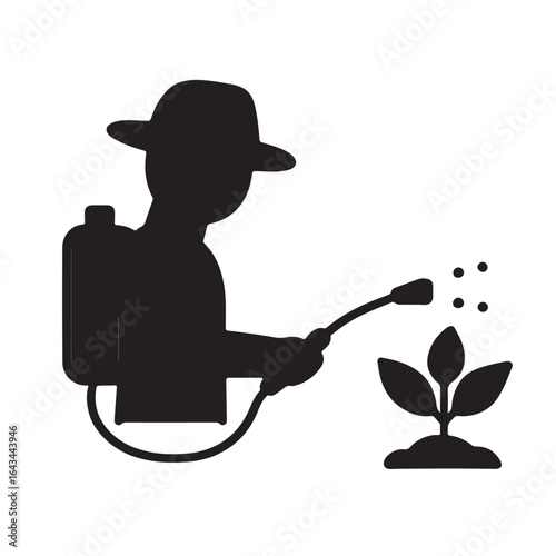 Farmer spraying pesticide or herbicide on crops — agriculture plant icon on a white background
