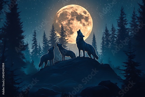 Three wolves howling at a full moon in a dark forest