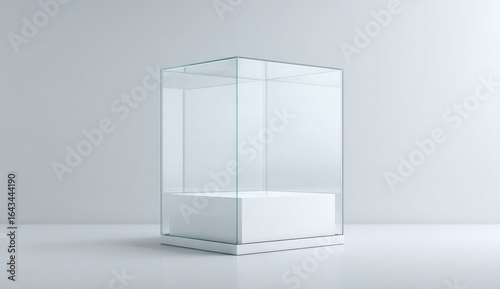 Empty glass display case on white pedestal
