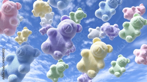Colorful bear candies floating in a vibrant sky.