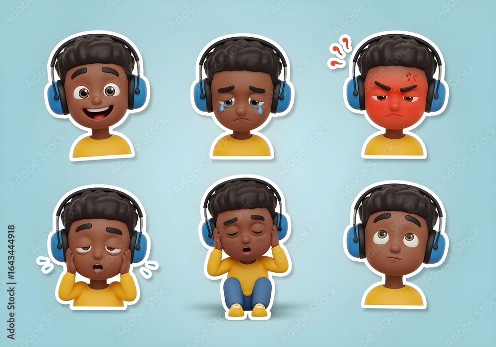 Naklejka premium Autistic black child boy with noise cancelling headphones showing emotions joy sadness anger tiredness sensory overload neutral ADHD autism awareness cartoon stickers set