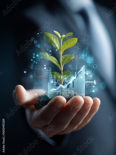 Hand hold plant symbolize growth sustainability chart graph chart line graph illustrate business.