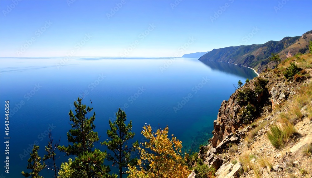 Obraz premium Picturesque Baikal Lake View from Cliffside in Russia with Clear Blue Sky