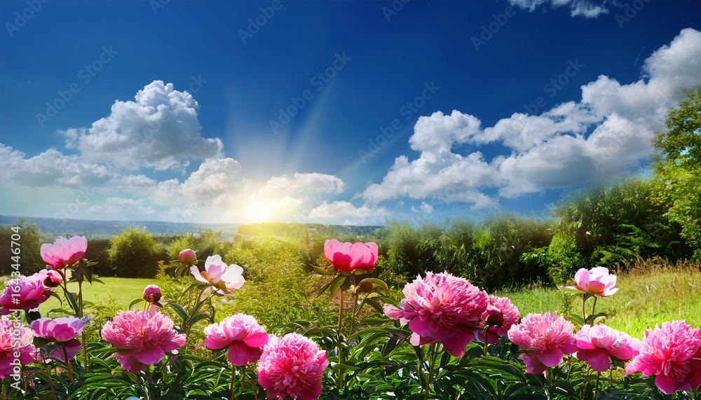 Fototapeta premium bright peonies against summer scenery