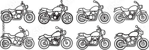 set of motorcycle line art, coloring book page line art drawing, vector and illustration