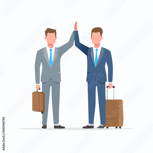 Two businessmen in suits high five holding luggage and briefcase celebrating success