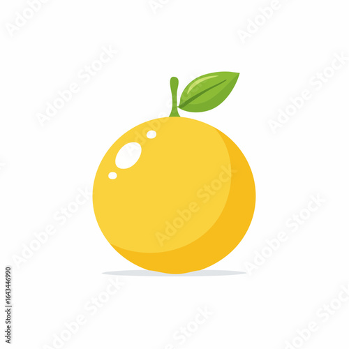 Stylized yellow citrus fruit with a green leaf and stem in a simple cartoon style