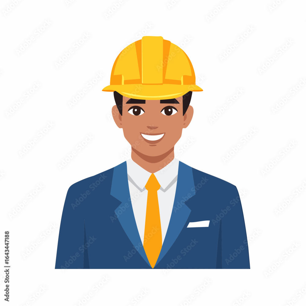 Smiling engineer in blue suit and yellow hard hat, looking forward with confidence, in a flat vector graphic. Smiling engineer in blue suit and yellow hard hat, looking forward with confidence, in a flat vector graphic.