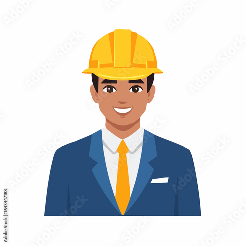 Smiling engineer in blue suit and yellow hard hat, looking forward with confidence, in a flat vector graphic.