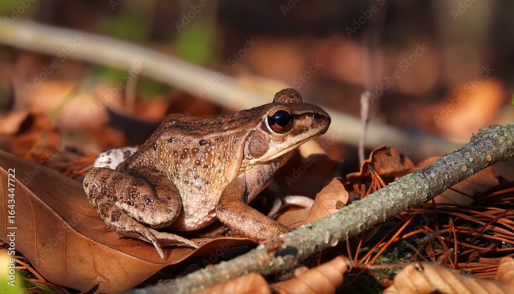 Fototapeta premium boreal chorus frog blending into the forest floor with dry leaves and twigs