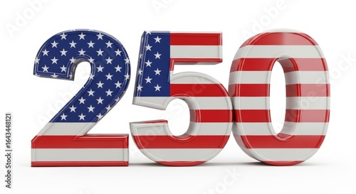 3D number 250 with American flag texture. Isolated on white for the USA Semiquincentennial 250th anniversary celebration