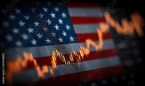 Analyzing us economy stock market trend economic indicators and financial data with american flag background