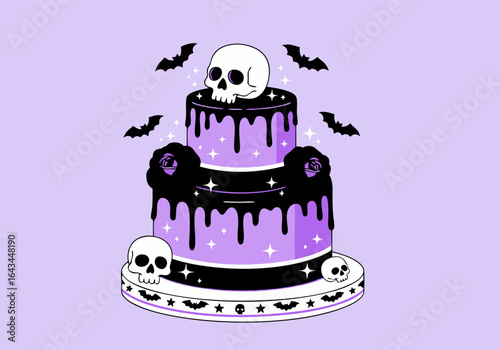 Pastel goth two-tiered cake with dripping black glaze, skulls, and roses. Creepy cute dessert vector for a Halloween party celebration.