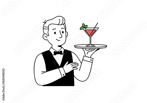 A professional waiter character in a uniform with a bow tie serving a refreshing cocktail on a tray. Minimalist line art illustration for a bar or restaurant.