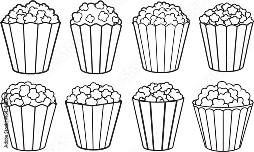 set of popcorn line art, outline, coloring book page line art drawing, vector and illustration