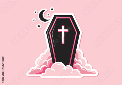 A spooky yet cute black coffin with a pink cross rests on fluffy clouds under a crescent moon, a pastel goth vector design concept.