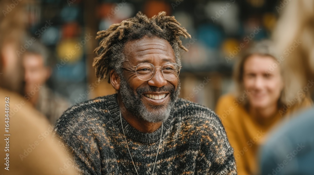 Fototapeta premium Cheerful Black man with dreadlocks and glasses laughing joyfully during community gathering with diverse group of people socializing