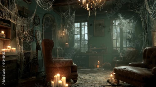 Haunted spooky dark abandoned room interior with mysterious candlelight