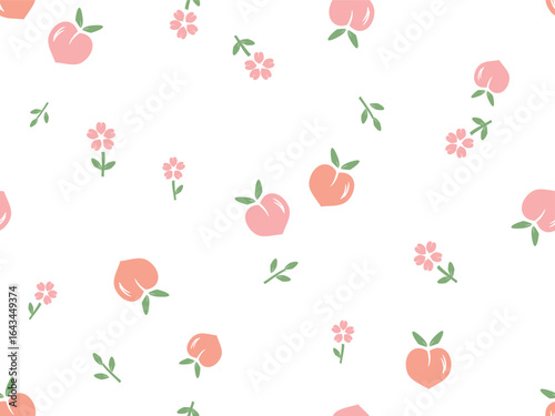 Wallpaper Mural Seamless pattern of heart shape peach apricot fruit with green leaves and pink flower on white background vector. Torontodigital.ca