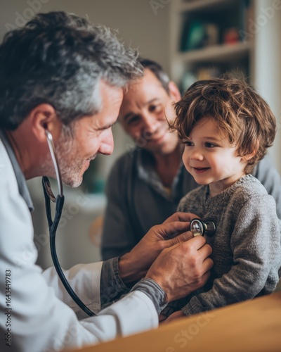 Experienced pediatric doctor with stethoscope examining happy young child while mother smiles during routine medical checkup visit