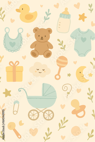 seamless pattern with baby toys for baby shower