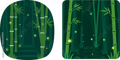 Bamboo forest with soft green colors and glowing fireflies in night  