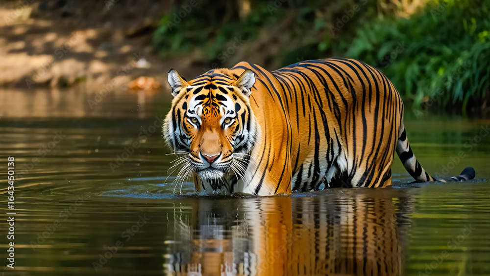 Fototapeta premium Majestic bengal tiger walking through water reflected in the pond
