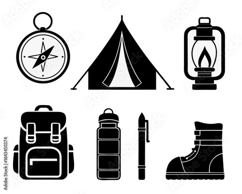 Collection of black camping and hiking equipment icons