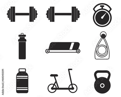 Collection of black fitness and sports icons on white background