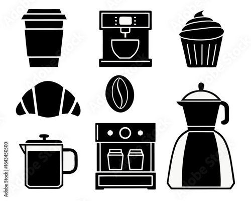 Collection of black coffee shop icons and elements