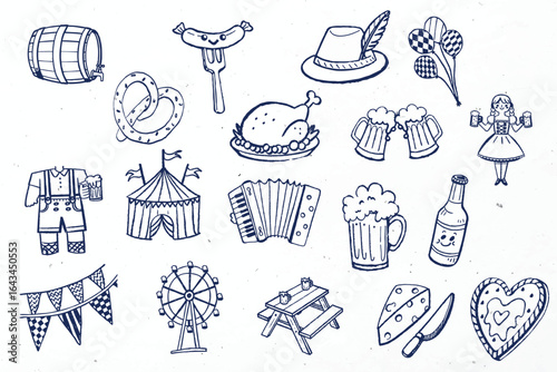 Collection of Oktoberfest themed doodles includes beer barrel pretzels sausage fork traditional hat balloons roast chicken beer mugs lederhosen circus tent accordion beer bottle Ferris wheel