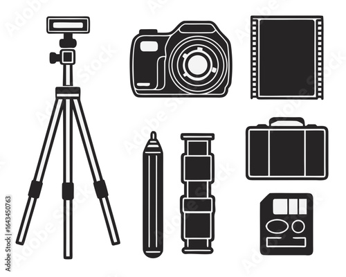Collection of photography equipment and accessories in a simple graphic style