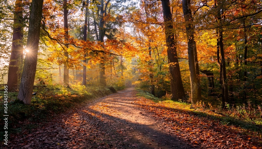 Obraz premium autumn walk through a serene forest path tranquil nature setting vibrant fall foliage morning light